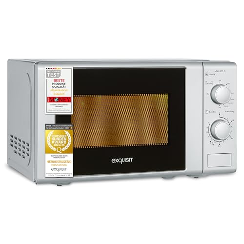 Exquisit Mikrowelle 20L, 1000 Watt Grill, 700 Watt, Einfache Bedienung, 25,5cm Drehteller, 5 Leistungsstufen, Timer, Auftaufunktion, 2 Drehregler, MW 802G silber