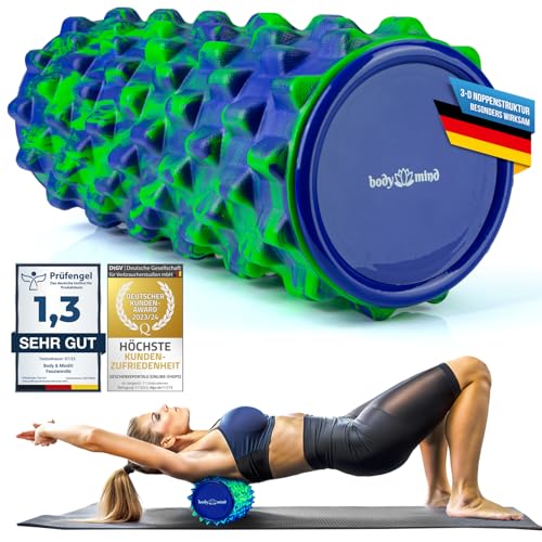 Body & Mind® Faszienrolle Massage-Rolle Fitnessrolle Sportrolle Therapierolle; Faszien-Training am Oberkörper, Nacken, Rücken, Beine, Waden & allen anderen Muskelgruppen; 33 x 14,5 cm; Grün-Blau