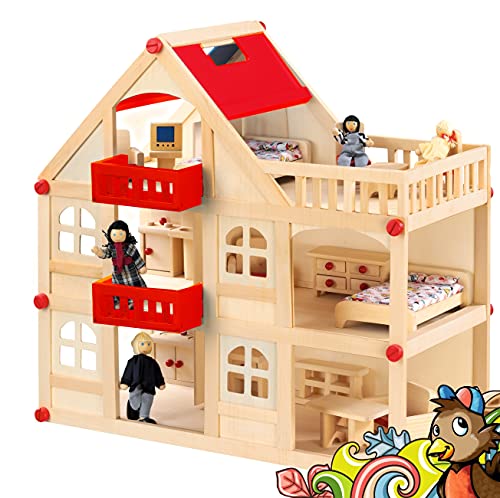 Puppenhaus aus Holz für Puppen, Puppenstube mit 3 Etagen, 4 Puppen und 15 Möbel, Tragegriff