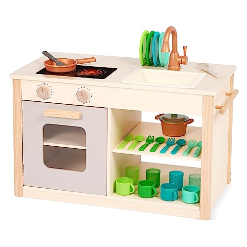 Battat – Kinderküche Holz mit Zubehör, Spielküche Holz, Holzküche – Kreidetafel, Ofen, Waschbecken, Herd, Geschirr, Holzspielzeug ab 2 Jahren (26 Teile)