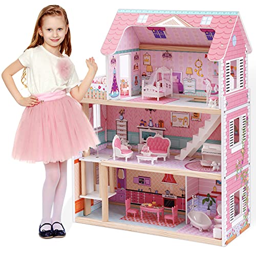 ROBUD Puppenhaus Holz Kinder Spielzeug | Dollhouse Mädchen Spielzeug Puppenhaus ab 2 3 4 5 Jahre Mädchen Puppen Haus Groß mit Zubehör, Geschenk für Mädchen Kinder