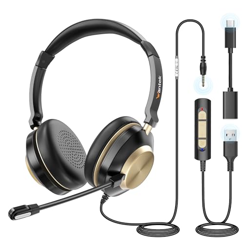 Wantek USB Headset mit Mikrofon für PC Laptop, Typ C-USB-3,5mm Jack, 3-in-1-Kopfhörer mit Geräuschunterdrückung und Lautstärkeregler für Callcenter, Skype, Zoom, Home Office, Online-Kurse