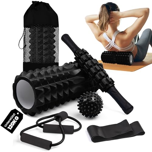unycos - Faszienrolle【PP/EVA】| 5-in-1-Set, Muskelmassageroller/Foam Roller der 120 kg Trägt, Fitness-Widerstandsband, Massageball, Rehabilitationsstab, Formseil und Aufbewahrungstasche (Schwarz)