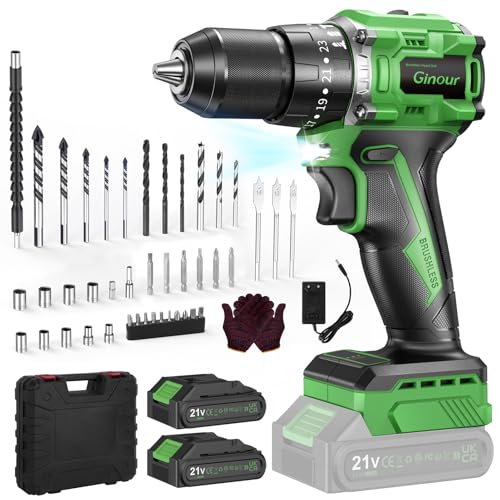 Ginour 21V Bürstenlos Akku Schlagbohrschrauber Set, 2x2Ah Akku, kompatibel mit Makita 18V Akku & Ladegerät, 50 Nm, 2-Gang, 23+3 Stufen, 47-tlg. Zubehör & Koffer, LED, 10mm Bohrmaschine & Akkuschrauber
