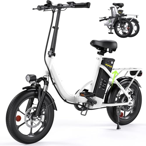 Klapprad E-Bike 16 * 2.15 Zoll Fat Tire,Tragbares Elektrofahrrad mit 10.4Ah Abnehmbarem Akku,4 Fahrmodi,PAS Reichweite MAX 88KM,Falt-Elektrofahrräder für Herren Damen Pendeln (Weiß)