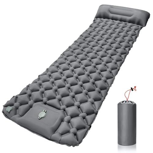 AQXONG Isomatte Selbstaufblasend, wasserdichte Aufblasbare Schlafmatte mit Fußpumpe und Kissen, Ultraleicht und Tragbar, Geeignet für Camping, Wandern, Angeln, Reisen und Outdoor - Grau