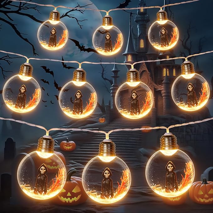 GEARLITE Halloween Deko Lichterkette, 2M 10 LED Halloween Sensenmann Lichterkette mit Batterie Innen, IP65 Wasserdicht, 2 Modi Warmweiß Hell Helloween Deko Totenkopf Hexe Lichterketten für Außen