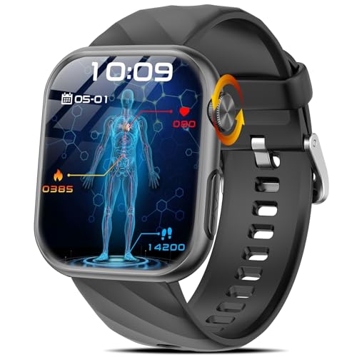 2025 Neu Smartwatch EKG+HRV/Harnsäure/BMI Herren Damen 1,97" AMOLED Gesundheitsuhr mit Telefonfunktion 24H Herzfrequenz SpO2 ΒΙutdruck Körpertemperatur Schlafmonitor Fitnessuhr (Schwarz)